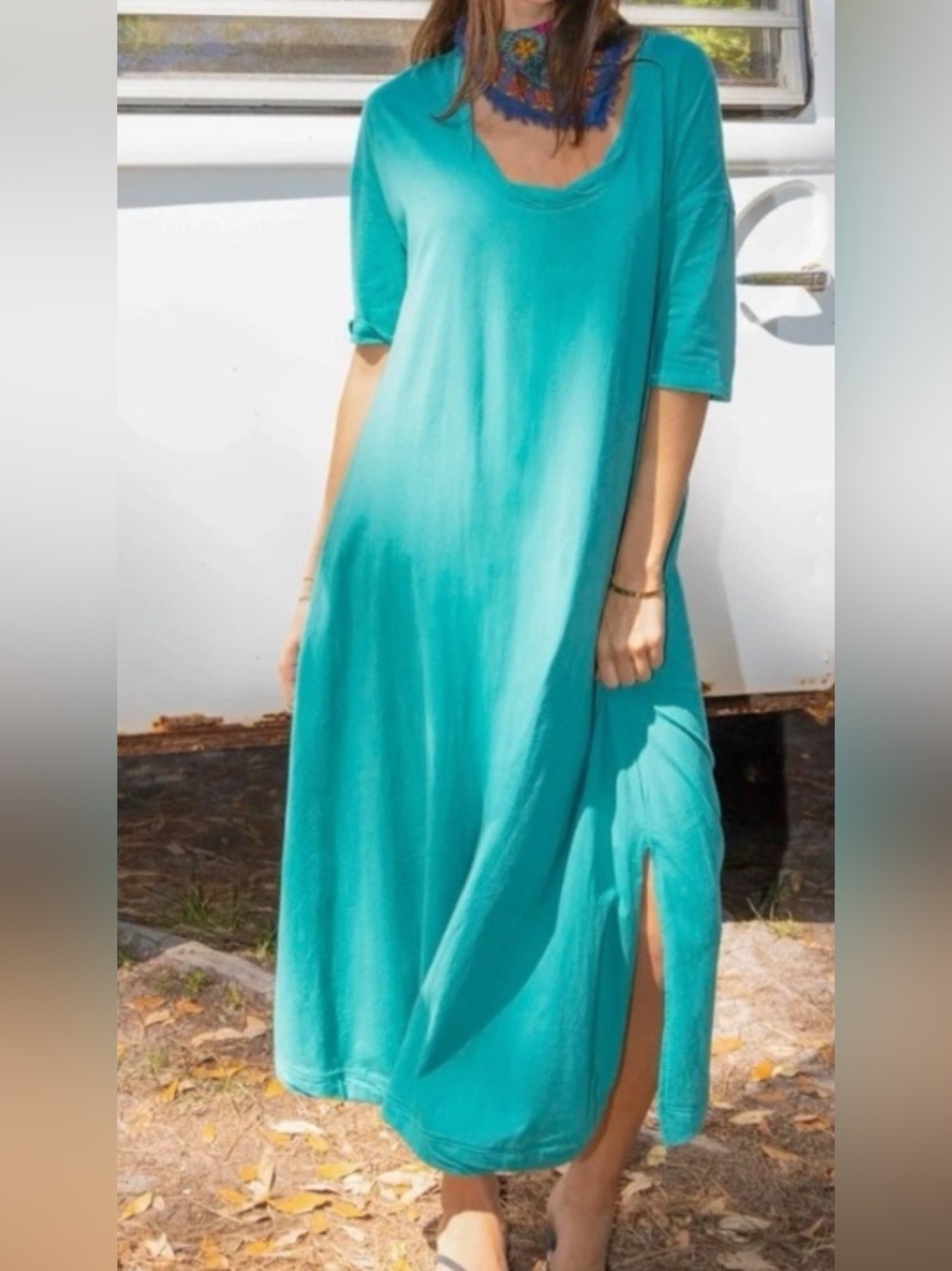 NATURAL LIFE All Day Tee Dress Teal Green Scoop Neck Cotton Midi size XS Relaxed